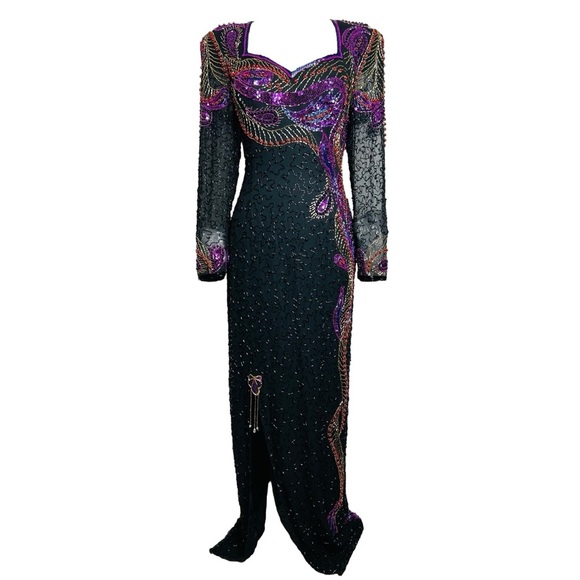 Vintage Alyce Designs Beaded Sequin Dress Black Purple Long Sleeve Evening Gown - Picture 3 of 12